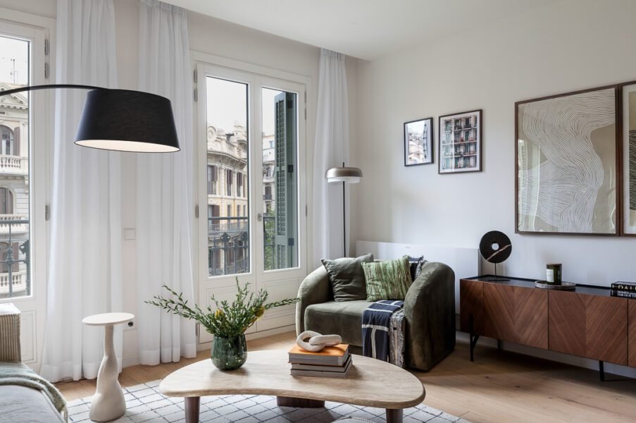 stylish and modern living room of a residence in barcelona with beautiful diffused light