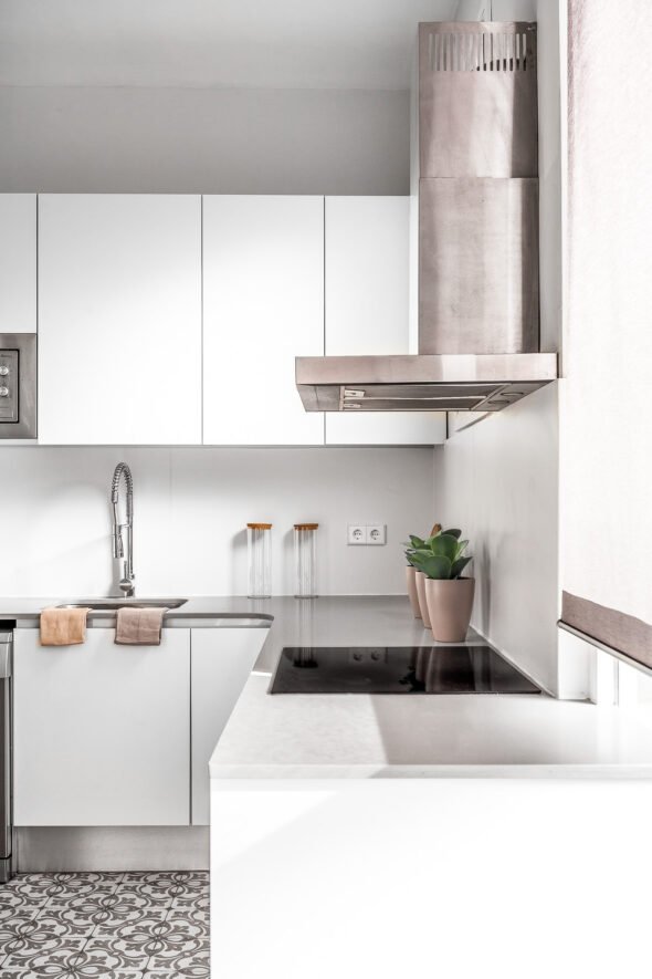 Residential Interior kitchen, white cupboards, cooker hood and green plants